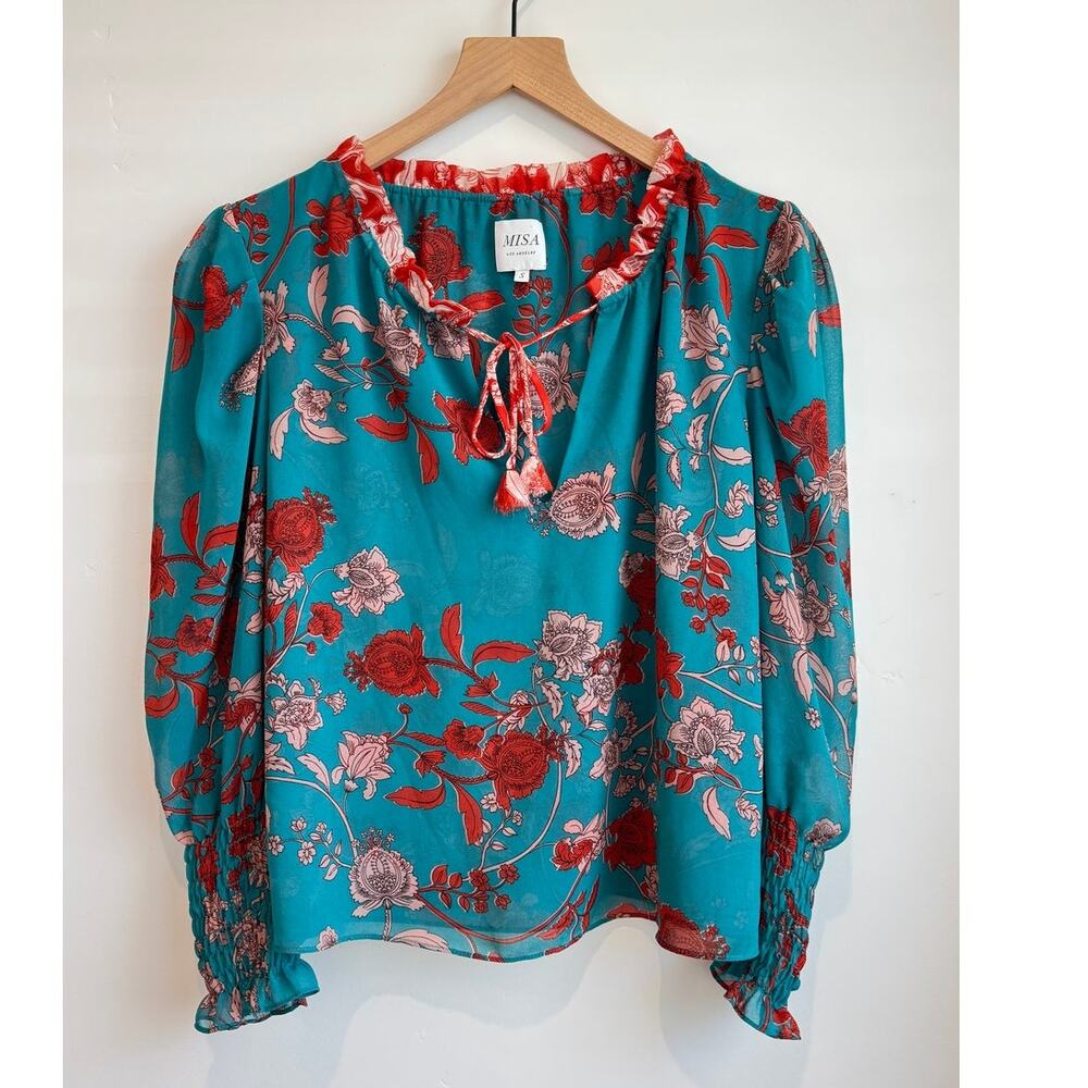 MISA Los Angeles Siena Top Floral Blouse Teal Long Sleeve Size Small - Picture 2 of 11